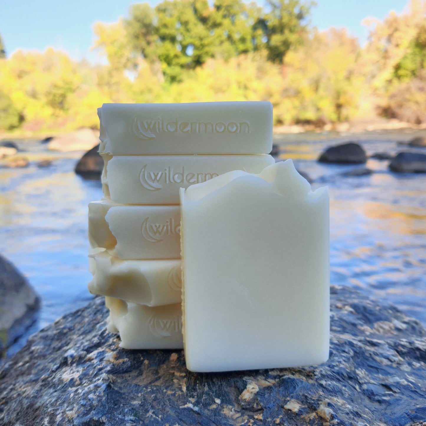 Camp soap. Rectangular white artisan soap with wildermoon logo stamp